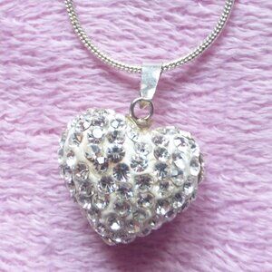 Sterling silver snake chain necklace w/ cubic zirconia rhinestones puffed heart